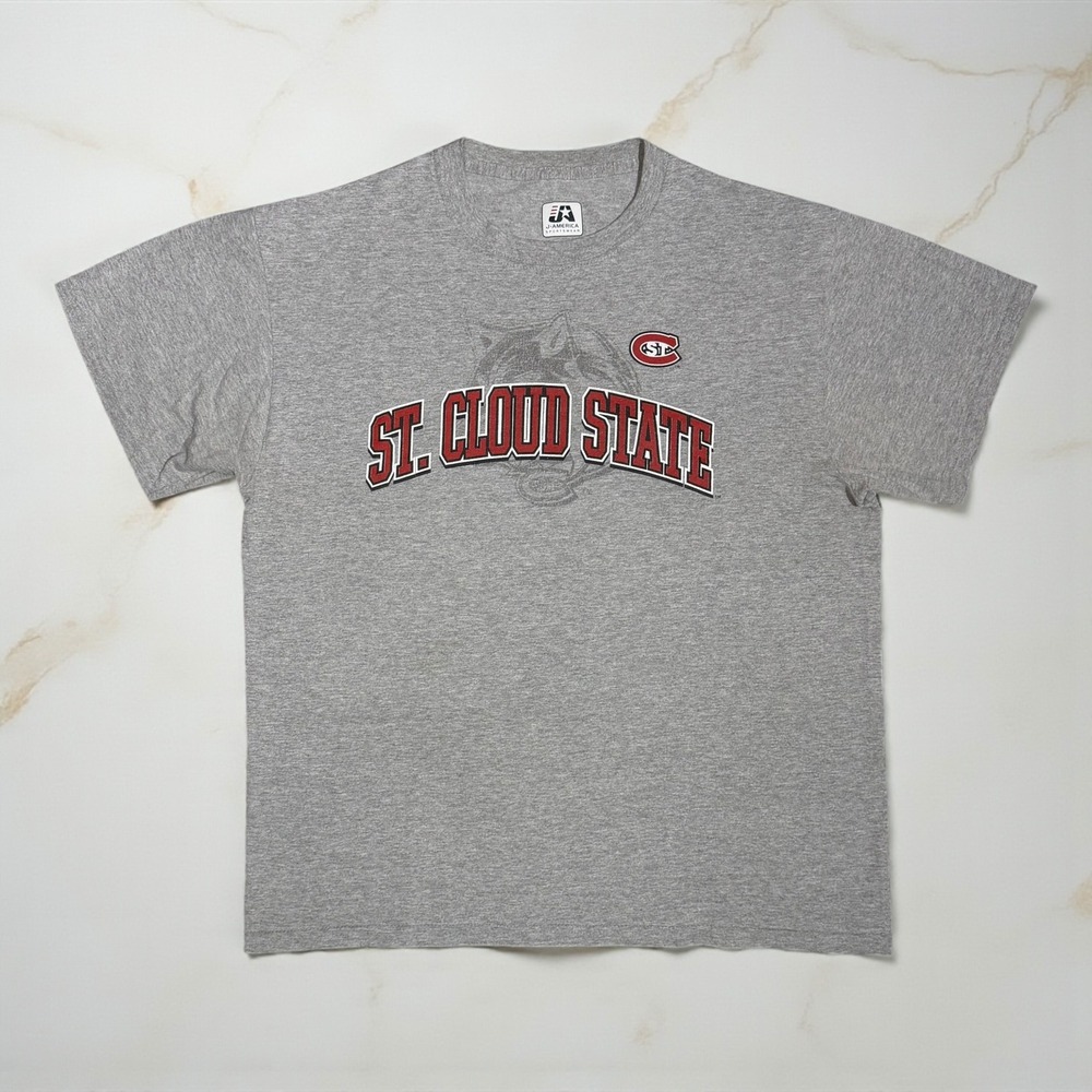 St. Cloud State Huskies SCSU‎ T-Shirt Men's Large Gray NCAA Spell Out Faded Y2K